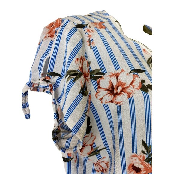 Floral & Striped Dress XL Short Sleeve Tie Sleeve Detail Zipper Feminine Cute - Picture 4 of 9